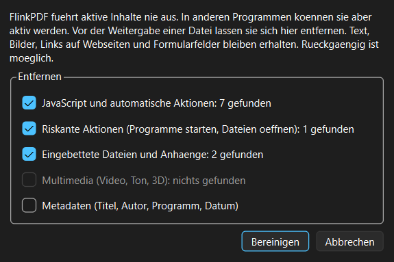 Dialog PDF bereinigen in FlinkPDF mit den Optionen JavaScript und automatische Aktionen, riskante Aktionen, eingebettete Dateien und Anhänge, Multimedia und Metadaten