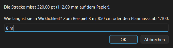 Dialog «Massstab festlegen» in FlinkPDF: Die Strecke misst 320 pt, 112,89 mm auf dem Papier; eingegeben ist 8 m