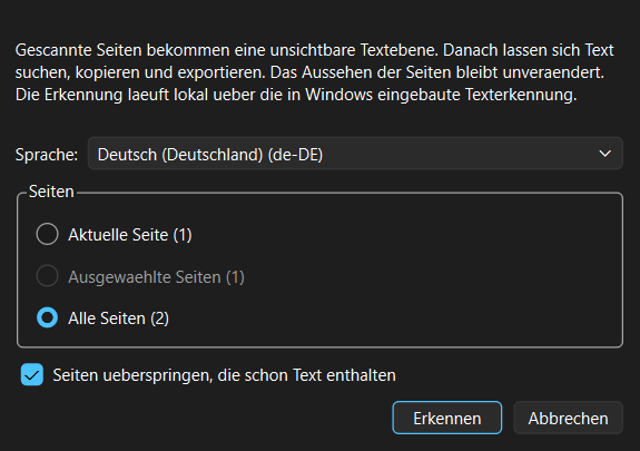Dialog Texterkennung (OCR) in FlinkPDF mit Sprachauswahl Deutsch, Seitenbereich und der Option, Seiten mit vorhandenem Text zu überspringen