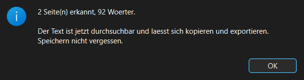 Meldung von FlinkPDF nach der Texterkennung: 2 Seiten erkannt, 92 Wörter, der Text ist jetzt durchsuchbar