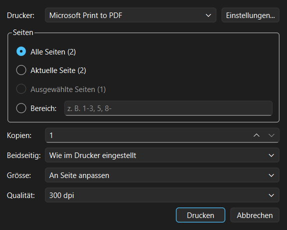 Dialog «Drucken» von FlinkPDF: Drucker, Seiten (alle, aktuelle, ausgewählte oder Bereich), Kopien, beidseitig, Grösse und Qualität