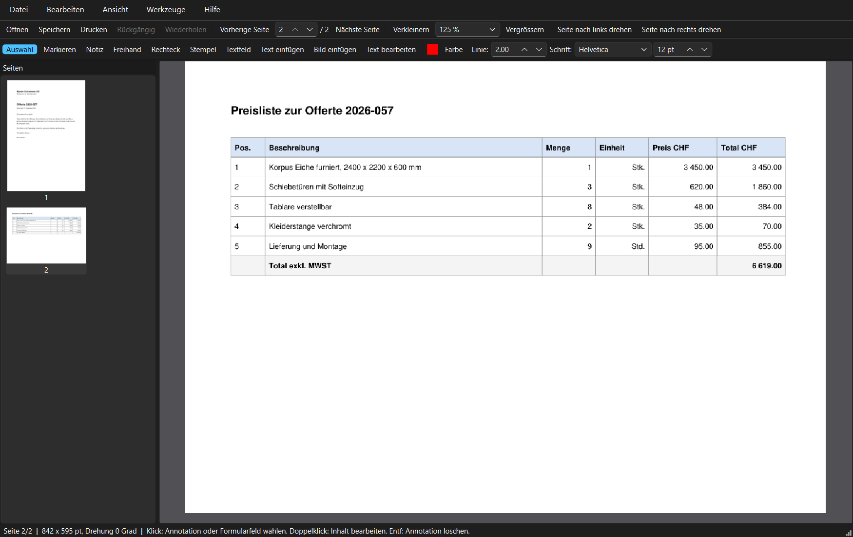 FlinkPDF mit einem PDF aus zwei Quellen: Seite 1 ist ein Brief im Hochformat, Seite 2 eine Preisliste als Tabelle im Querformat