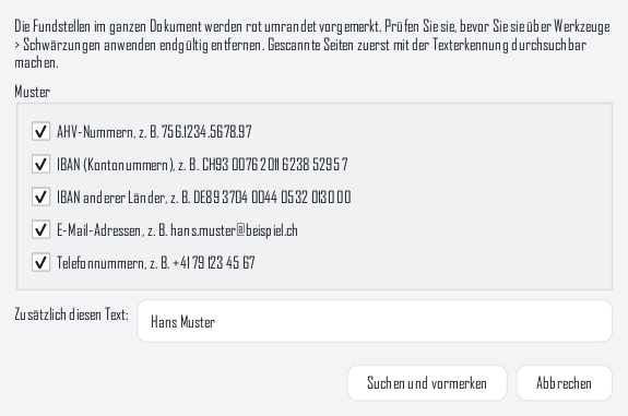 Dialog Suchen und schwärzen in FlinkPDF mit den Mustern AHV-Nummern, IBAN, IBAN anderer Länder, E-Mail-Adressen und Telefonnummern sowie dem zusätzlichen Suchtext Hans Muster