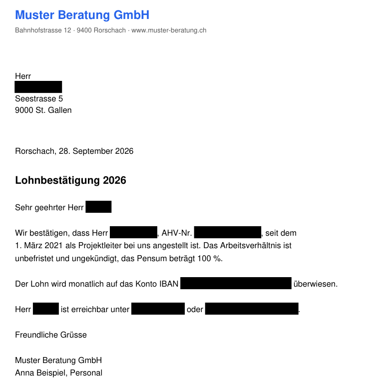 Dieselbe Lohnbestätigung nach dem Schwärzen: Name, AHV-Nummer, IBAN, Telefonnummer und E-Mail-Adresse sind durch schwarze Balken ersetzt, der übrige Text ist lesbar