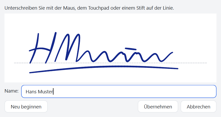 Fenster Unterschrift zeichnen in FlinkPDF mit einer mit der Maus gezeichneten Unterschrift auf einer gestrichelten Linie und dem Namen Hans Muster