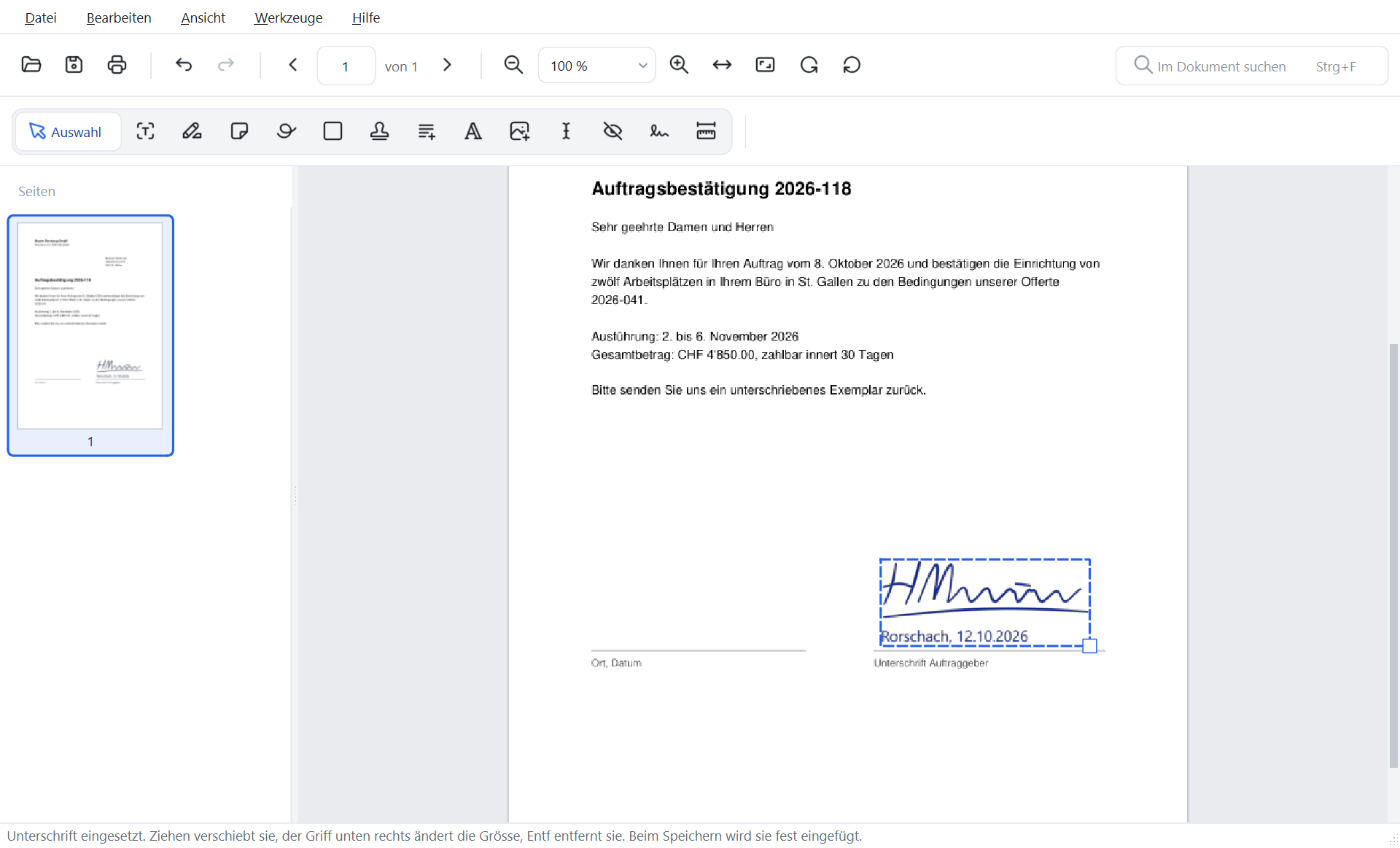 FlinkPDF mit einer Auftragsbestätigung, über der Linie Unterschrift Auftraggeber ist eine Unterschrift mit Ort und Datum eingesetzt und gestrichelt umrandet, unten rechts ein Griff zum Vergrössern