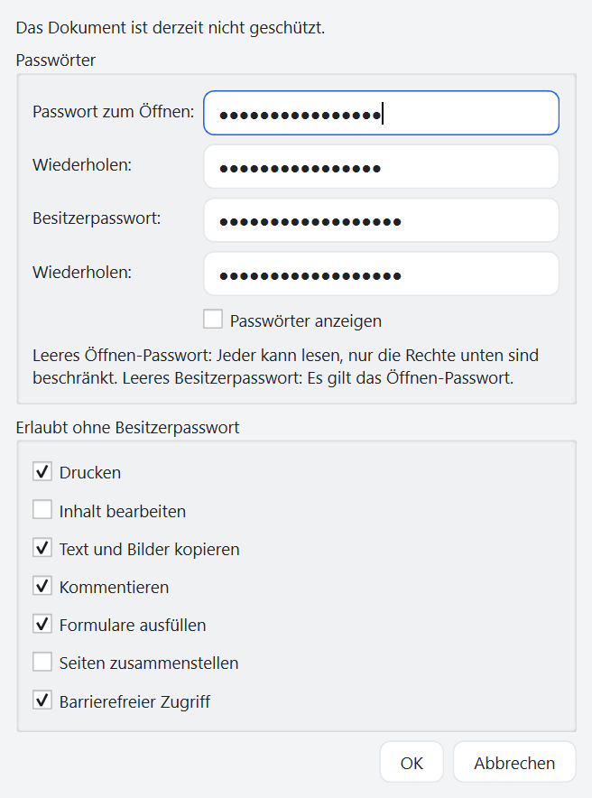 Fenster Passwortschutz in FlinkPDF mit Passwort zum Öffnen und Besitzerpasswort, beide verdeckt, darunter die Rechte, bei denen Inhalt bearbeiten und Seiten zusammenstellen abgewählt sind