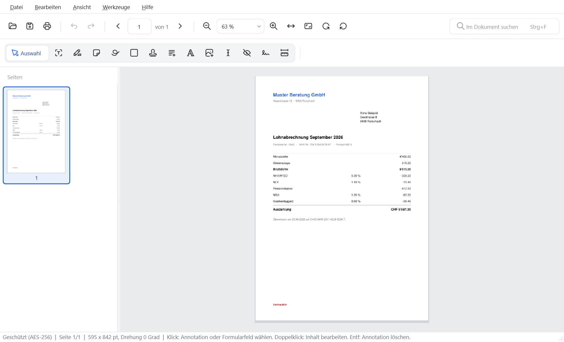 FlinkPDF mit einer Lohnabrechnung der Muster Beratung GmbH, unten links in der Statusleiste steht Geschützt (AES-256)
