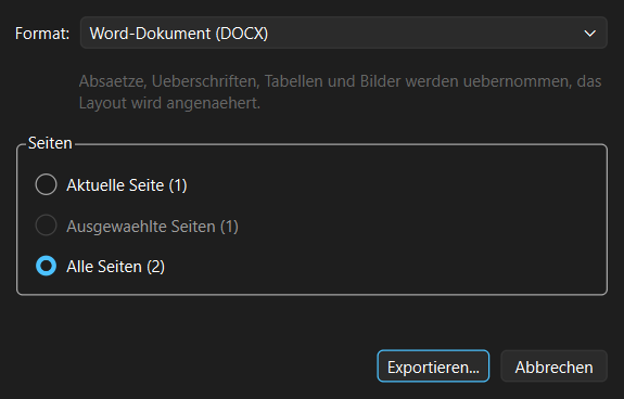 Dialog «Exportieren als» in FlinkPDF mit dem Format Word-Dokument (DOCX) und der Auswahl aktuelle Seite, ausgewählte Seiten oder alle Seiten
