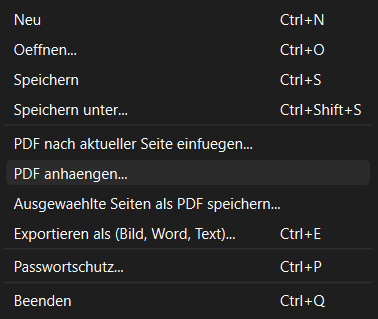 Menü Datei in FlinkPDF mit den Befehlen «PDF nach aktueller Seite einfügen» und «PDF anhängen»