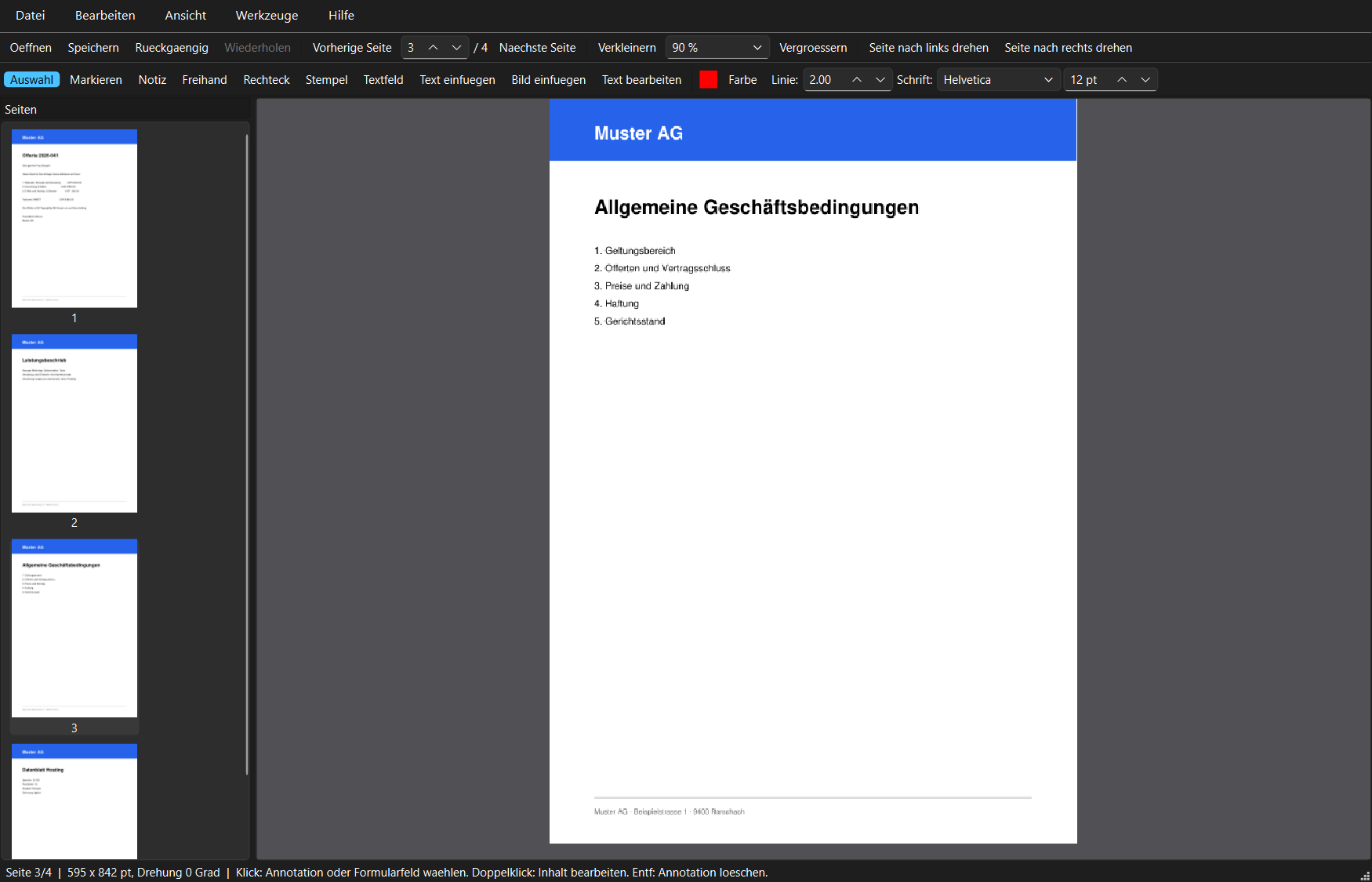 FlinkPDF mit einer zusammengefügten PDF-Datei: links die Miniaturen der vier Seiten aus Offerte, AGB und Datenblatt