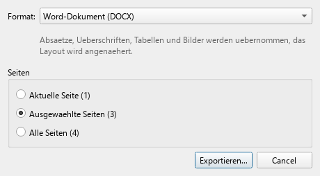 Exportdialog in FlinkPDF: Format Word-Dokument, Seitenauswahl