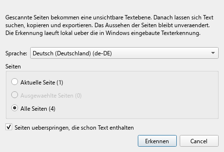 OCR-Dialog in FlinkPDF mit Sprachwahl und Seitenbereich