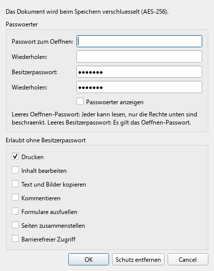 Dialog Passwortschutz in FlinkPDF mit Passwortfeldern und Berechtigungen
