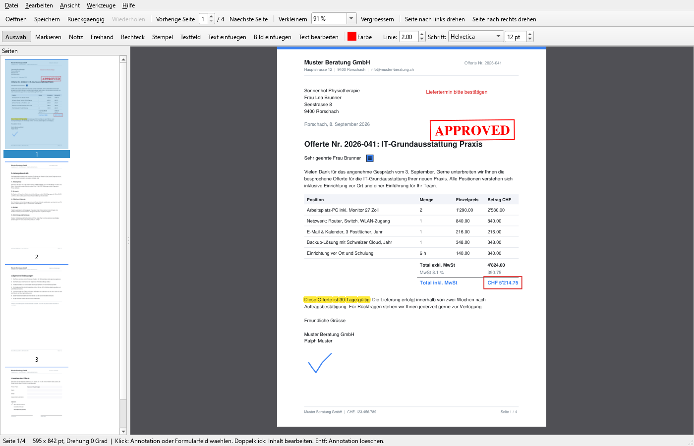 FlinkPDF: Offerte mit Markierung, Notiz, Stempel und Freihand-Zeichnung