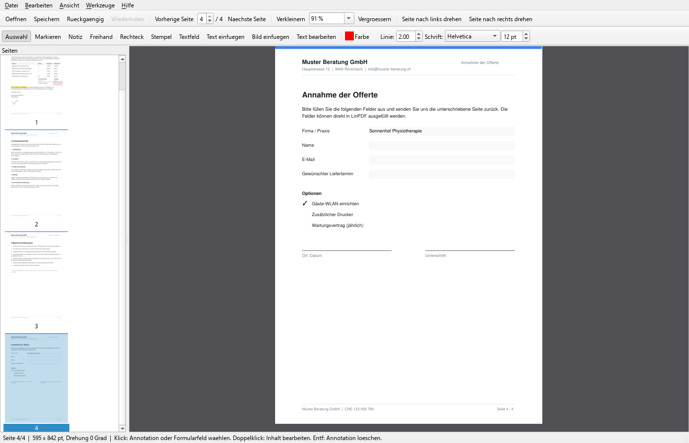 FlinkPDF mit einem ausfüllbaren Formular, Textfelder und Kontrollkästchen